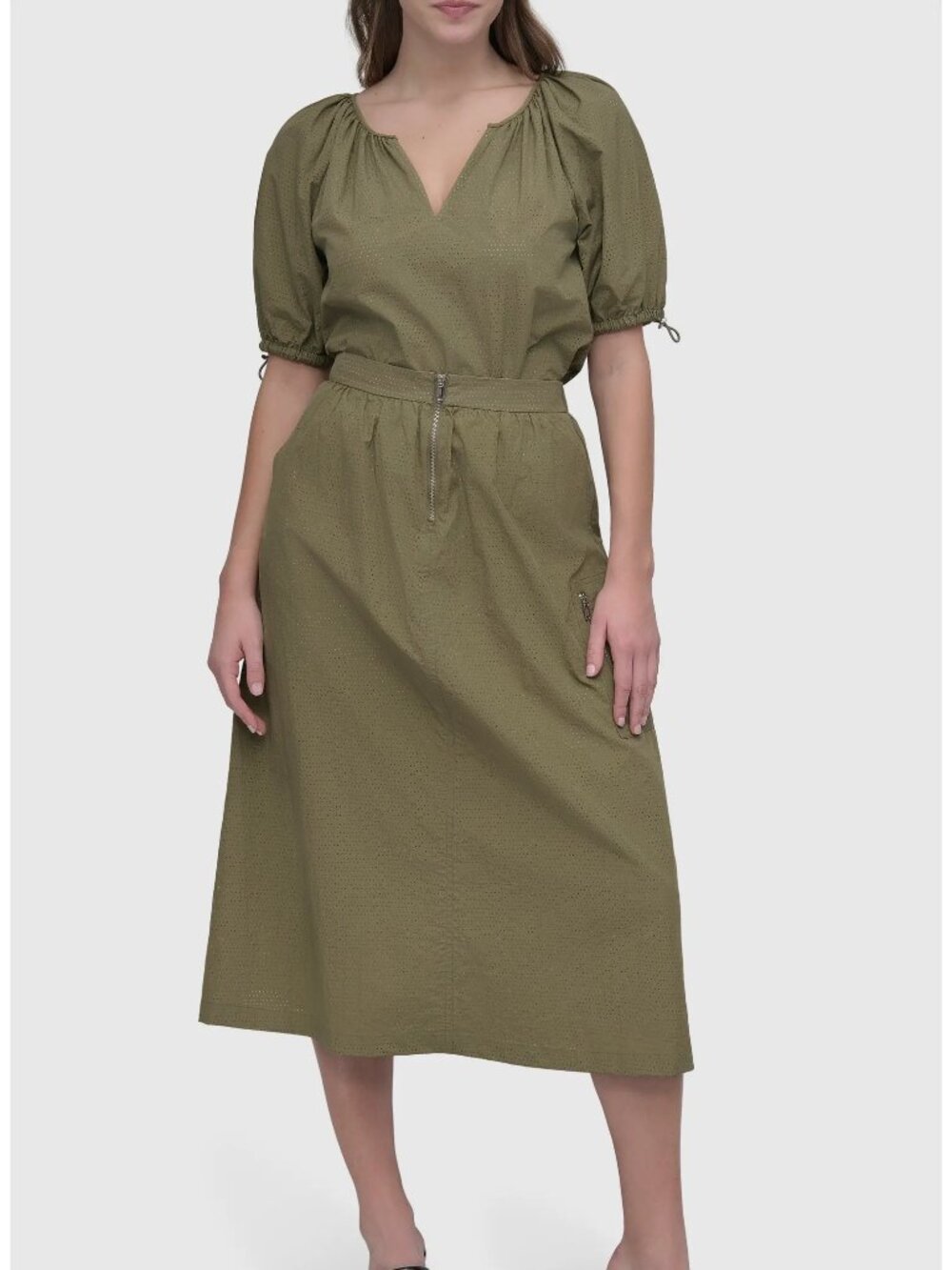 NWT Perforated Drawcord Puff Sleeve Top & Skirt Size Small Olive Green DKNY
